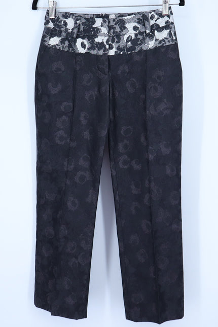 VERA WANG Brocade Silk Dress Pants Floral Black and Silver Women's 0