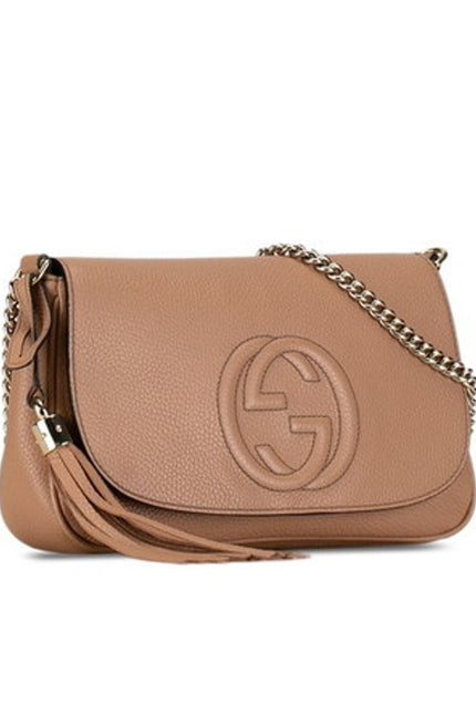 GUCCI Soho Interlocking G Crossbody Bag Camellia Tan Pebbled Leather Chain Strap