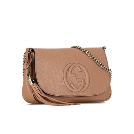 GUCCI Soho Interlocking G Crossbody Bag Camellia Tan Pebbled Leather Chain Strap