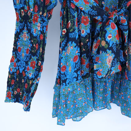 FARM RIO Blue Arabesque Dress NWT Floral High Neck Long Sleeve Women's XXS