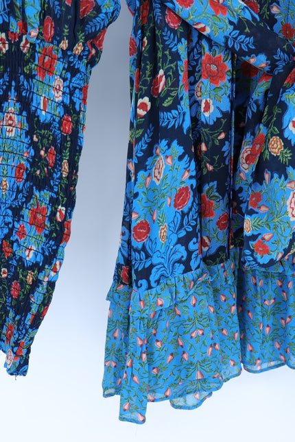 FARM RIO Blue Arabesque Dress NWT Floral High Neck Long Sleeve Women's XXS