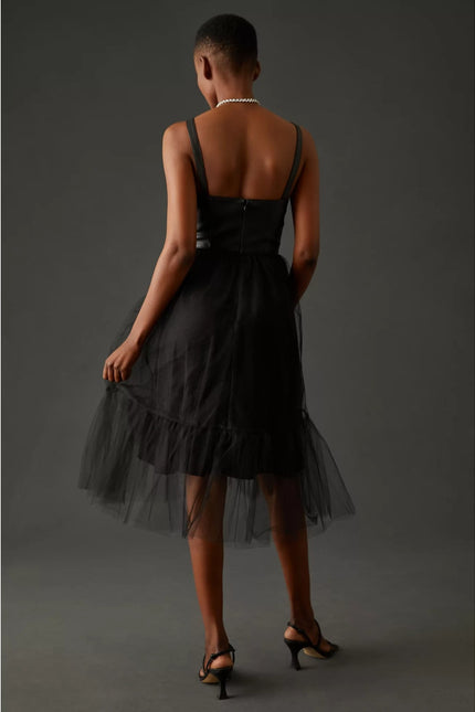 BY ANTHROPOLOGIE NWT Faux Leather Dress Black Tulle Sleeveless Women's 2