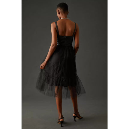 BY ANTHROPOLOGIE Faux Leather Dress NWT Black Tulle Sleeveless Women's 2