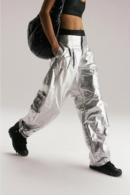 FP MOVEMENT NWT Mesmerize Me Shine Pants Silver Cargo Pull On Women's XS