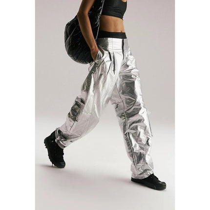 FP MOVEMENT Mesmerize Me Shine Pants NWT Silver Cargo Pull On Women's XS