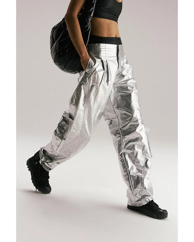 FP MOVEMENT Mesmerize Me Shine Pants NWT Silver Cargo Pull On Women's XS