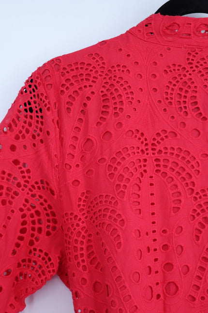 FARM RIO Red Palm Tree Eyelet Mini Dress Belted Long Sleeve Women's M