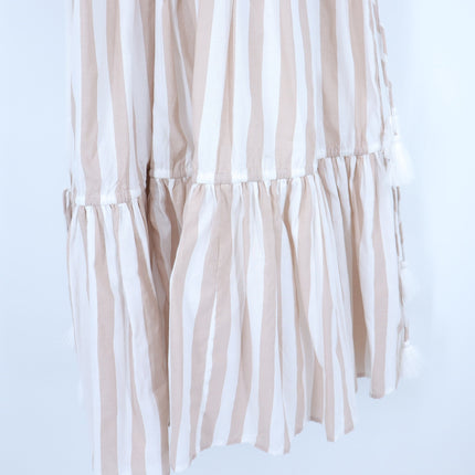 Mille Natalia Midi Dress Beige White Stripe NWT Tasseled Tiered Women's XS