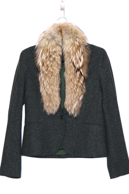 THEORY Tweed Blazer Olive Green Removable Rabbit Fur Collar Jacket Women's 8