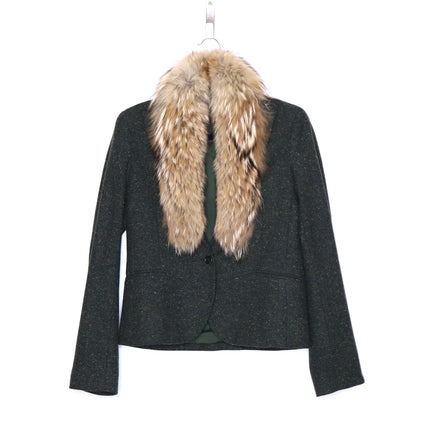 THEORY Tweed Blazer Jacket NWOT Olive Green Removable Rabbit Fur Collar Women's 8