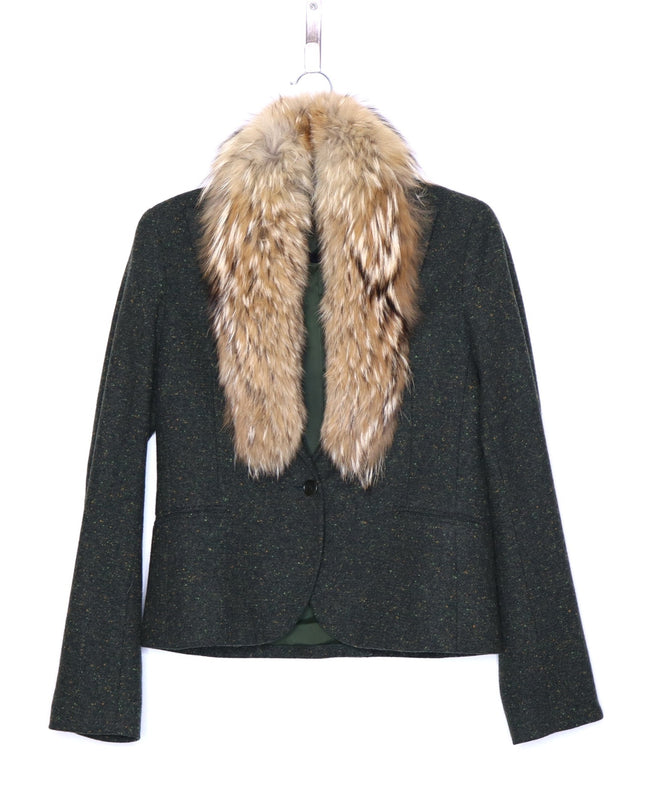THEORY Tweed Blazer Jacket NWOT Olive Green Removable Rabbit Fur Collar Women's 8