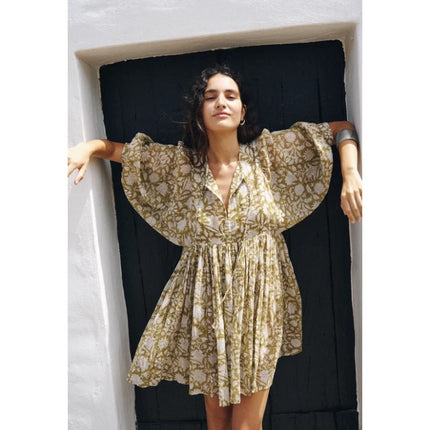 Daughters of India Kyra Mini Dress Olive Green Cotton Floral Print Women's M