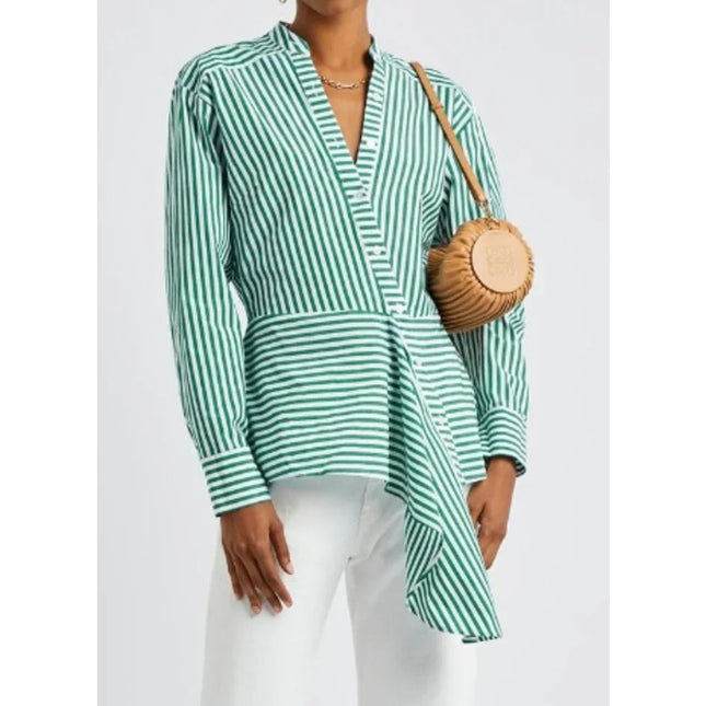 Veronica Beard Claude Button Up Blouse Green White Stripe Asymmetric Women's L