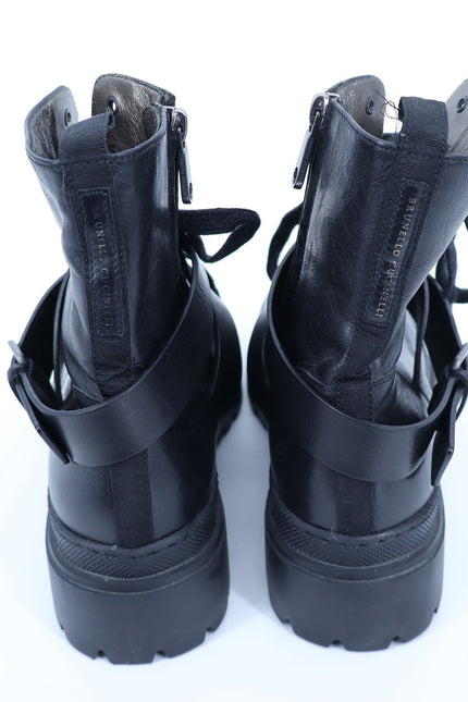 BRUNELLO CUCINELLI Monili Combat Boots Black Leather Lace Up Women's 40/US 10