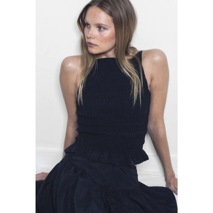 Peachy Den Deba Top Onyx Black Smocked Peplum Hem Sleeveless Tank Women's S