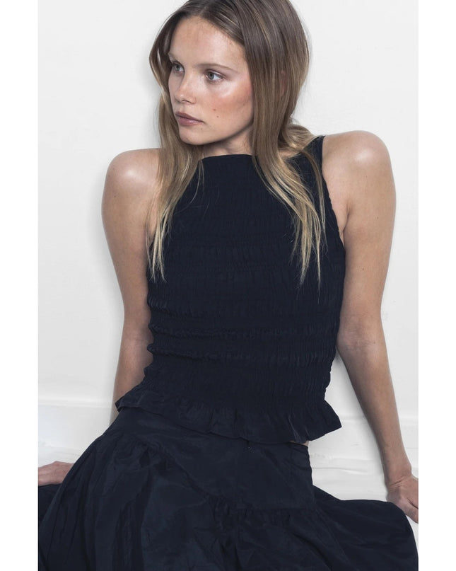 Peachy Den Deba Top Onyx Black Smocked Peplum Hem Sleeveless Tank Women's S