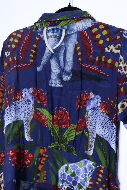 TAJ BY SABRINA Malta Blue Wrap Dress Embroidered Safari Print Women's XS