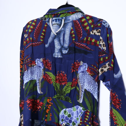 TAJ BY SABRINA Malta Blue Wrap Dress Embroidered Safari Print Women's XS