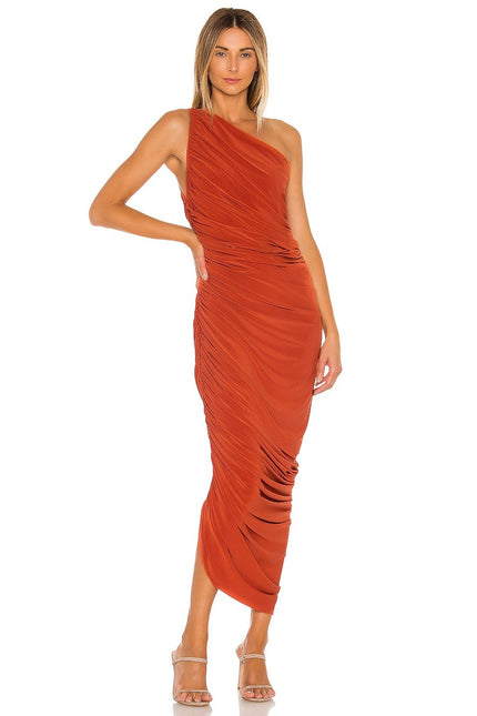 NORMA KAMALI Diana Ruched Gown Cinnamon Orange Midi Dress Women's L/40