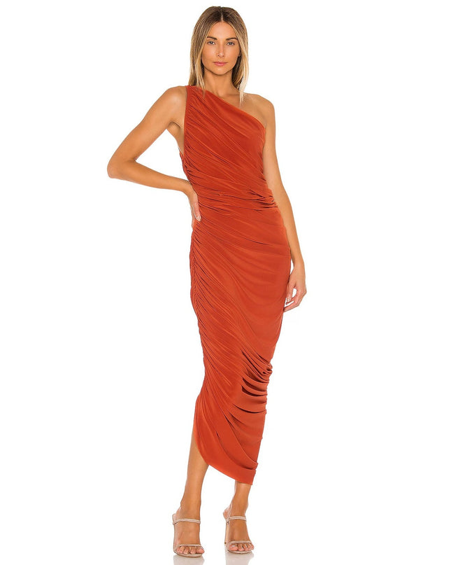 NORMA KAMALI Diana Ruched Gown Cinnamon Orange Midi Dress Women's L/40