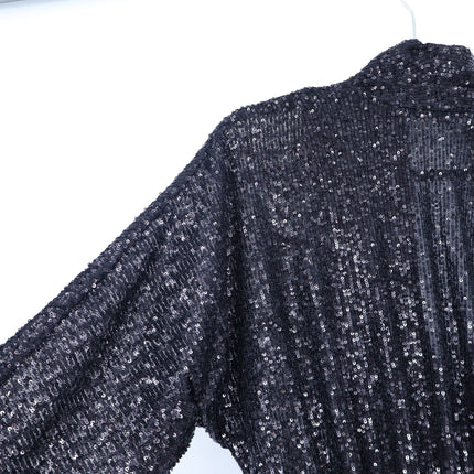 ZARA Draped Sequin Blouse Black Surplice V-Neckline Long Sleeve Women's S