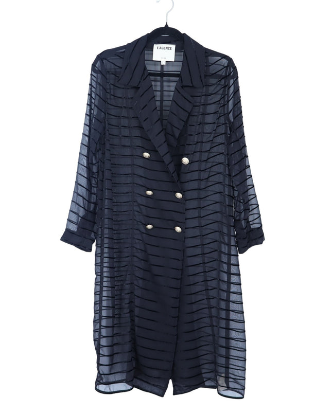 L'agence Dottie Stripe Tulle Duster Black Velvet Double Breasted Women's XS Tall