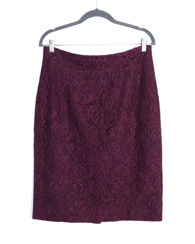 BURBERRY Lace Overlay Pencil Skirt Burgundy Knee Length Lined Women's 10