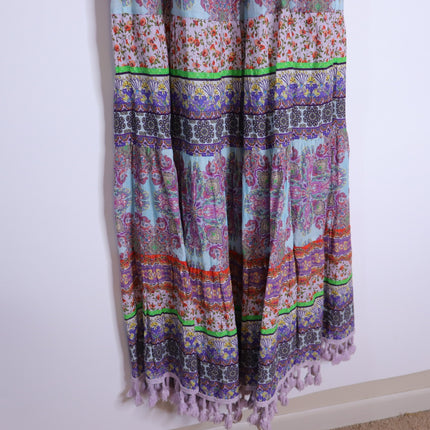 ALICE + OLIVIA Minka Tassel Fringe Maxi Dress Ritzy Multi Tie Front Women's 8
