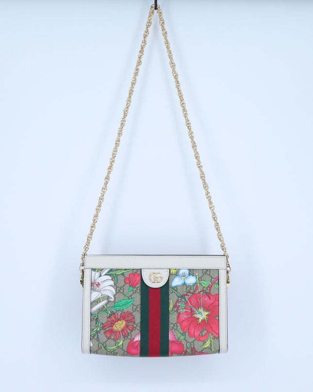 Gucci Ophidia GG Flora Chain Shoulder Bag Beige Coated Canvas Crossbody