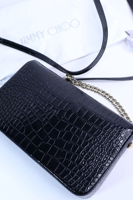 JIMMY CHOO Palace Croc-Embossed Crossbody Purse Black Leather and Chain Strap