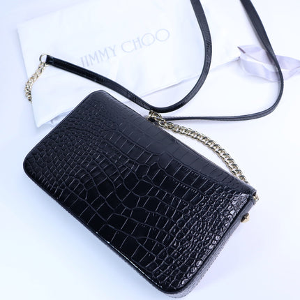 JIMMY CHOO Palace Croc-Embossed Crossbody Purse Black Leather and Chain Strap