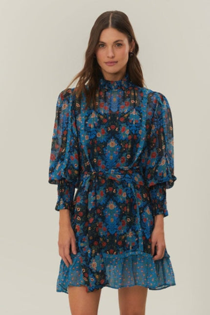 FARM RIO Blue Arabesque Dress NWT Floral High Neck Long Sleeve Women's XXS