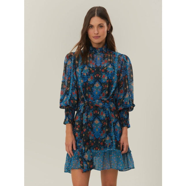 FARM RIO Blue Arabesque Dress NWT Floral High Neck Long Sleeve Women's XXS