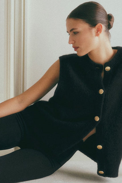 SEZANE Sacha Sweater Vest Cardigan Black w/ Gold Button Wool Blend Women's M