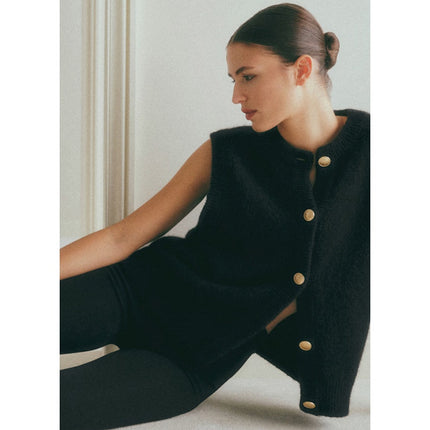 SEZANE Sacha Sweater Vest Cardigan Black w/ Gold Button Wool Blend Women's M