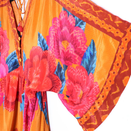 FARM RIO Long Sleeve V Neck Mini Dress Orange Floral Kimono Women's M