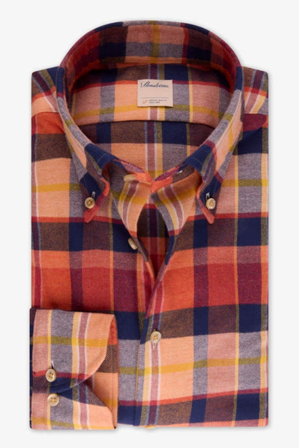 STENSTROMS Slimline Button Down Shirt Orange Multi Tartan Plaid Men's L