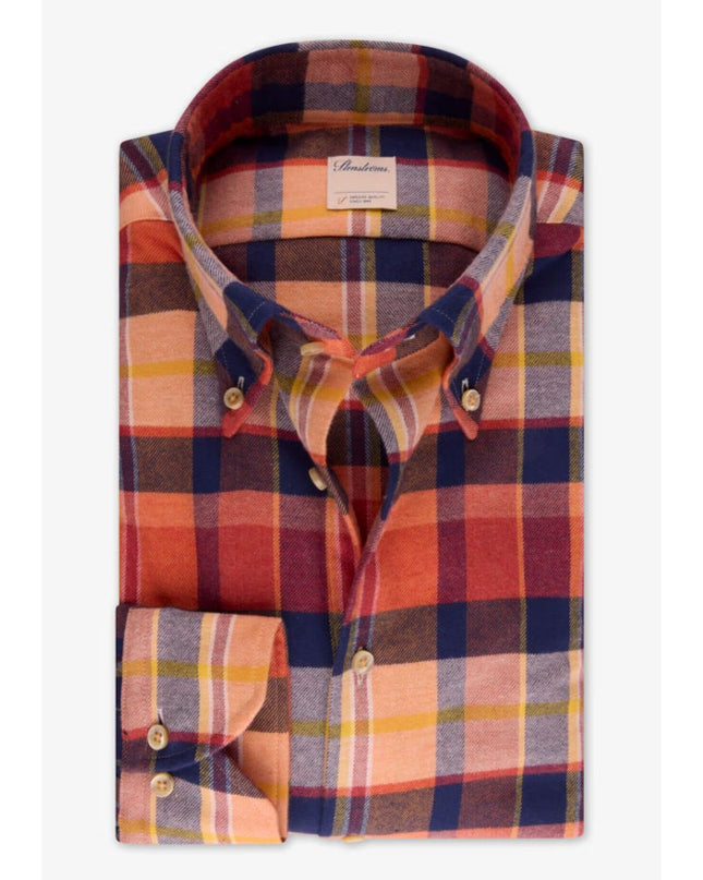 STENSTROMS Slimline Button Down Shirt Orange Multi Tartan Plaid Men's L