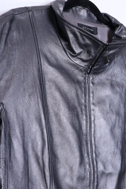 ST. JOHN Nappa Leather Jacket Dark Grey Silk Lined Half Sleeve Women's XL