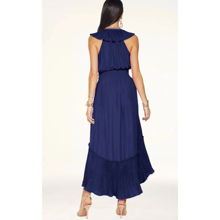 RAMY BROOK Camden Ruffle Maxi Dress Navy Blue Accordion Pleat V Neck Women's M