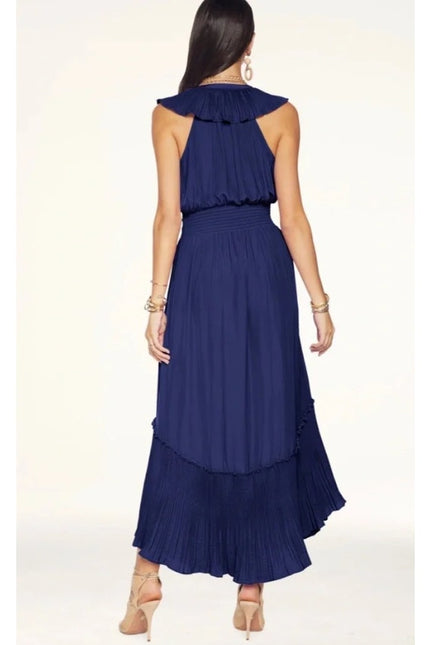 RAMY BROOK Camden Ruffle Maxi Dress Navy Blue Accordion Pleat V Neck Women's M