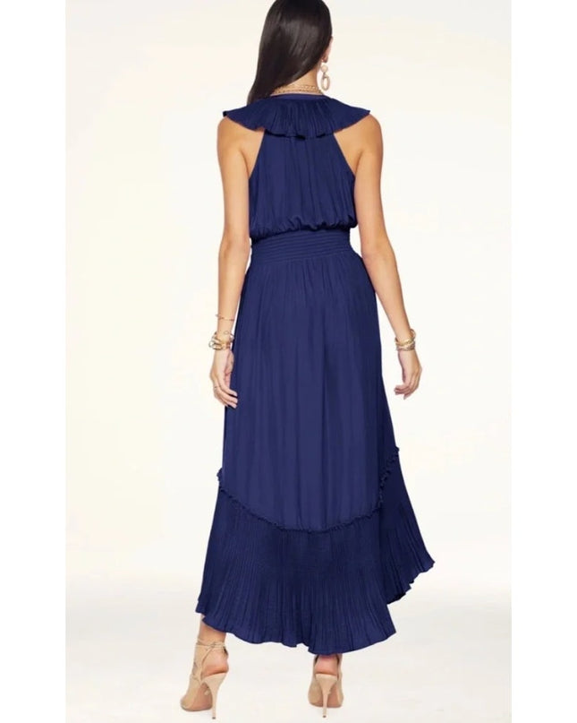 RAMY BROOK Camden Ruffle Maxi Dress Navy Blue Accordion Pleat V Neck Women's M