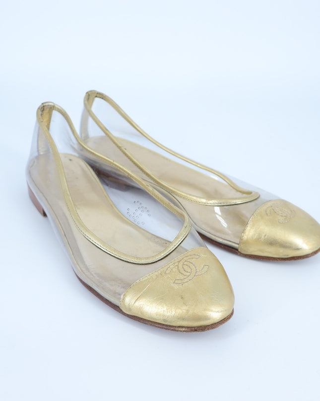 Chanel 2007 Interlocking CC Gold Ballet Flats Leather Almond Toe Women's 36/US 6