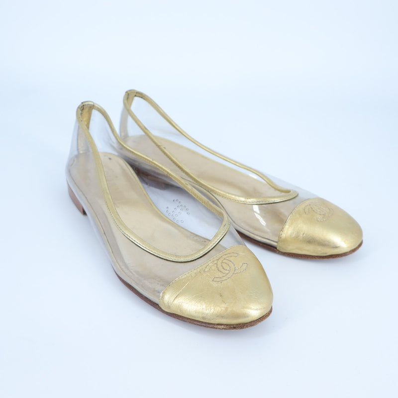 Chanel 2007 Interlocking CC Gold Ballet Flats Leather Almond Toe Women's 36/US 6