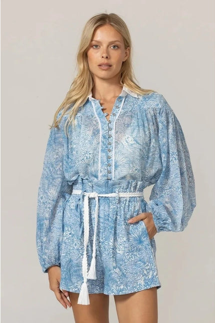 MISS JUNE Mona Button Up Blouse Blue Printed Cotton Short Sleeve Women's S/M