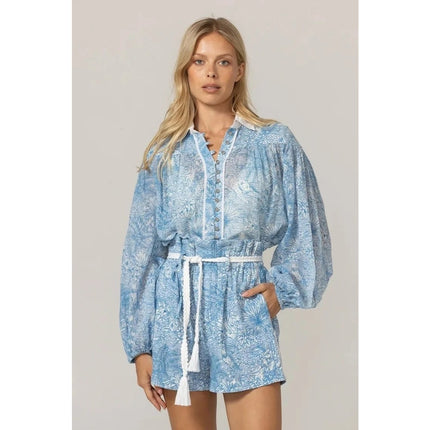 MISS JUNE Mona Button Up Blouse Blue Printed Cotton Short Sleeve Women's S/M