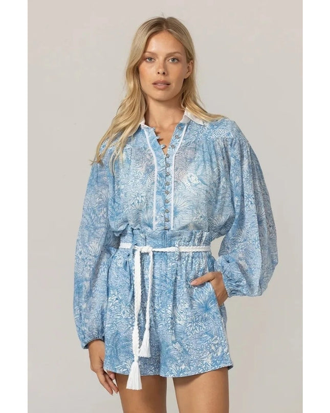 MISS JUNE Mona Button Up Blouse Blue Printed Cotton Short Sleeve Women's S/M