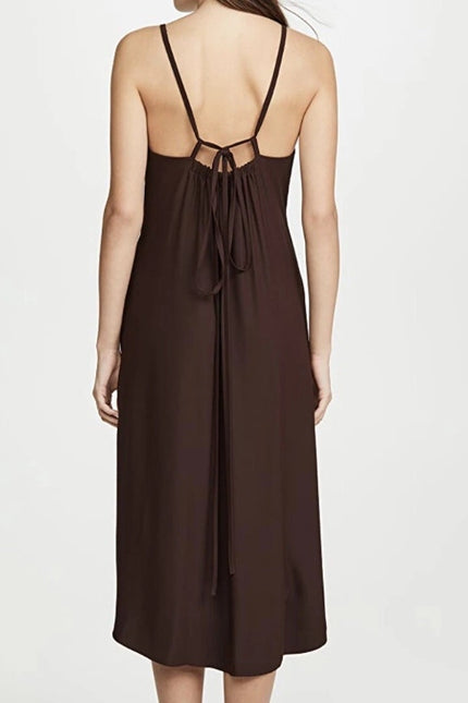 VINCE Strappy Crepe Tank Dress Brown Adjustable Tie Back Pockets Women's M