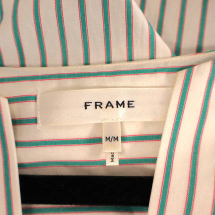 Frame V Neck Popover Blouse Green Gem Stripe Half Sleeve Women's M