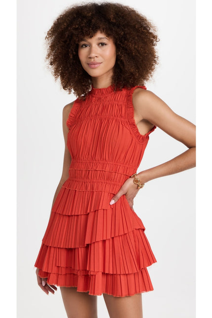 SEA New York Greir Tiered Pleated Crepe Mini Dress Poppy Smocked Women's XS